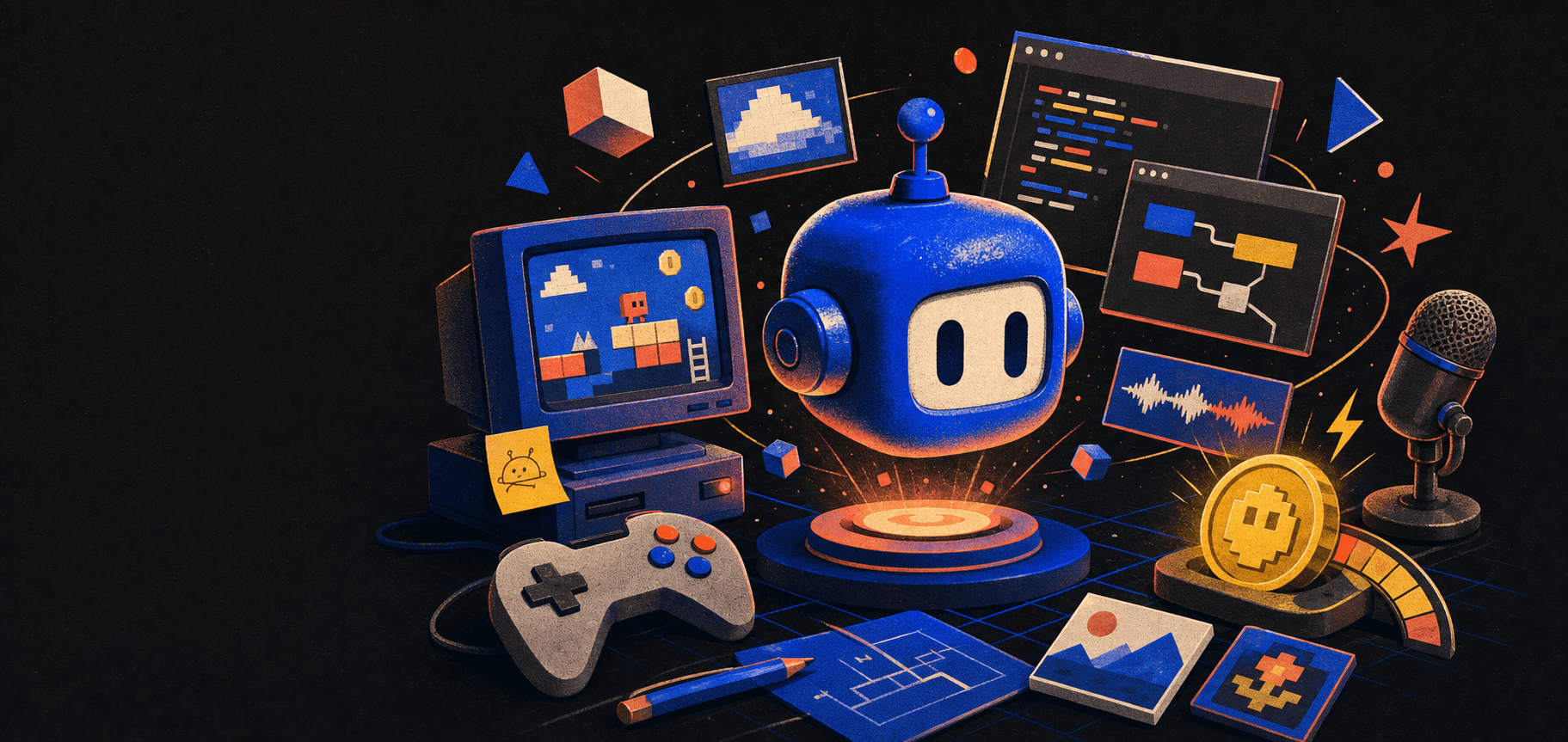 An illustrated game development workshop with a robot, code, game art, audio, and a budget coin